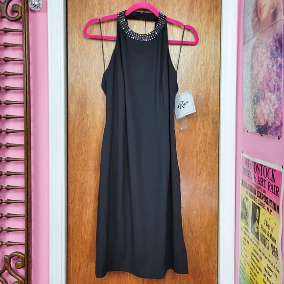 Vintage 90s Black Beaded Trim Open Back Halter Sheath Dress - Picture 4 of 7